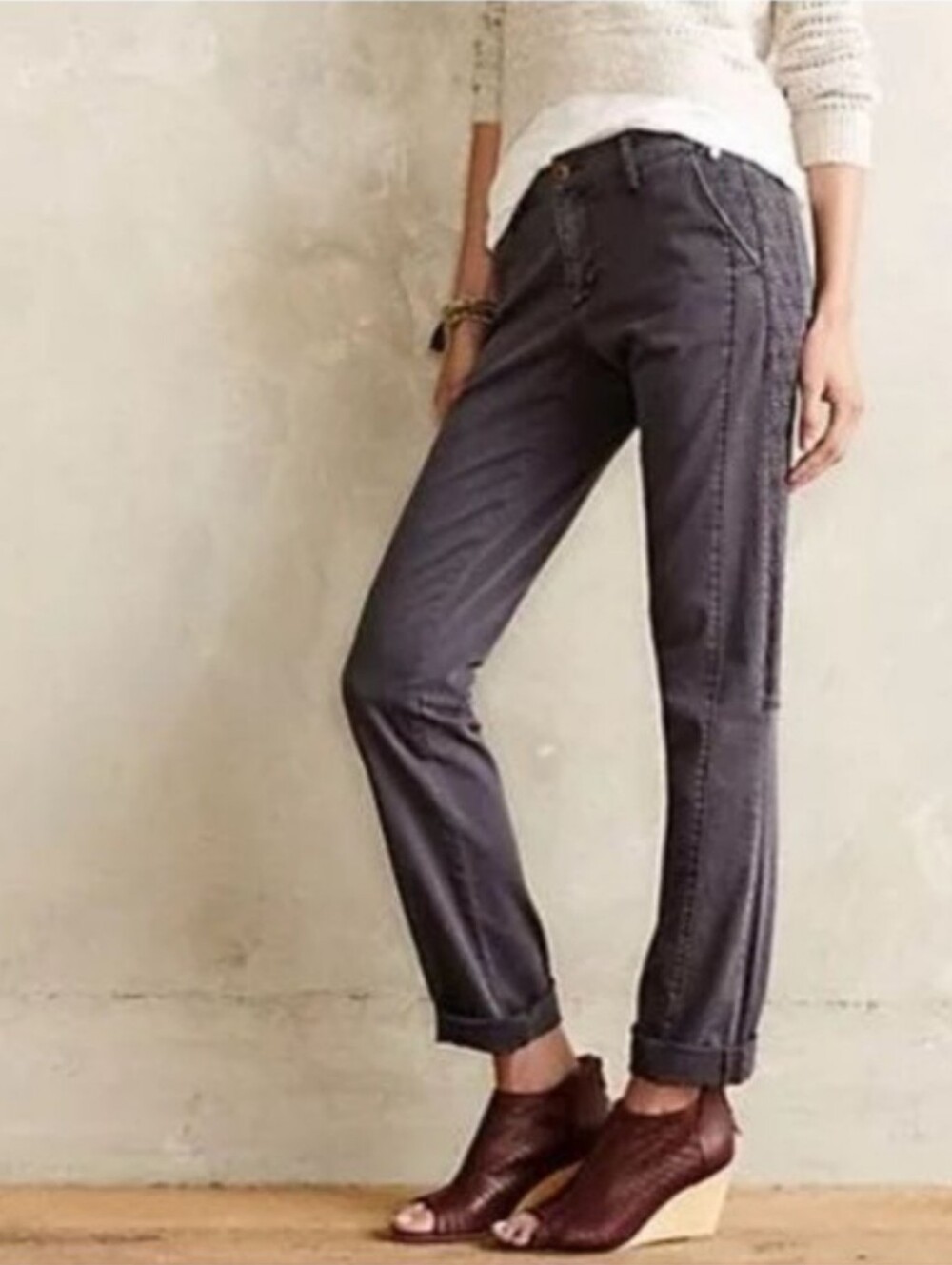 Pilcro & The Letterpress Straight Hyphen Pant Gray Abstract Embroidered Size 27